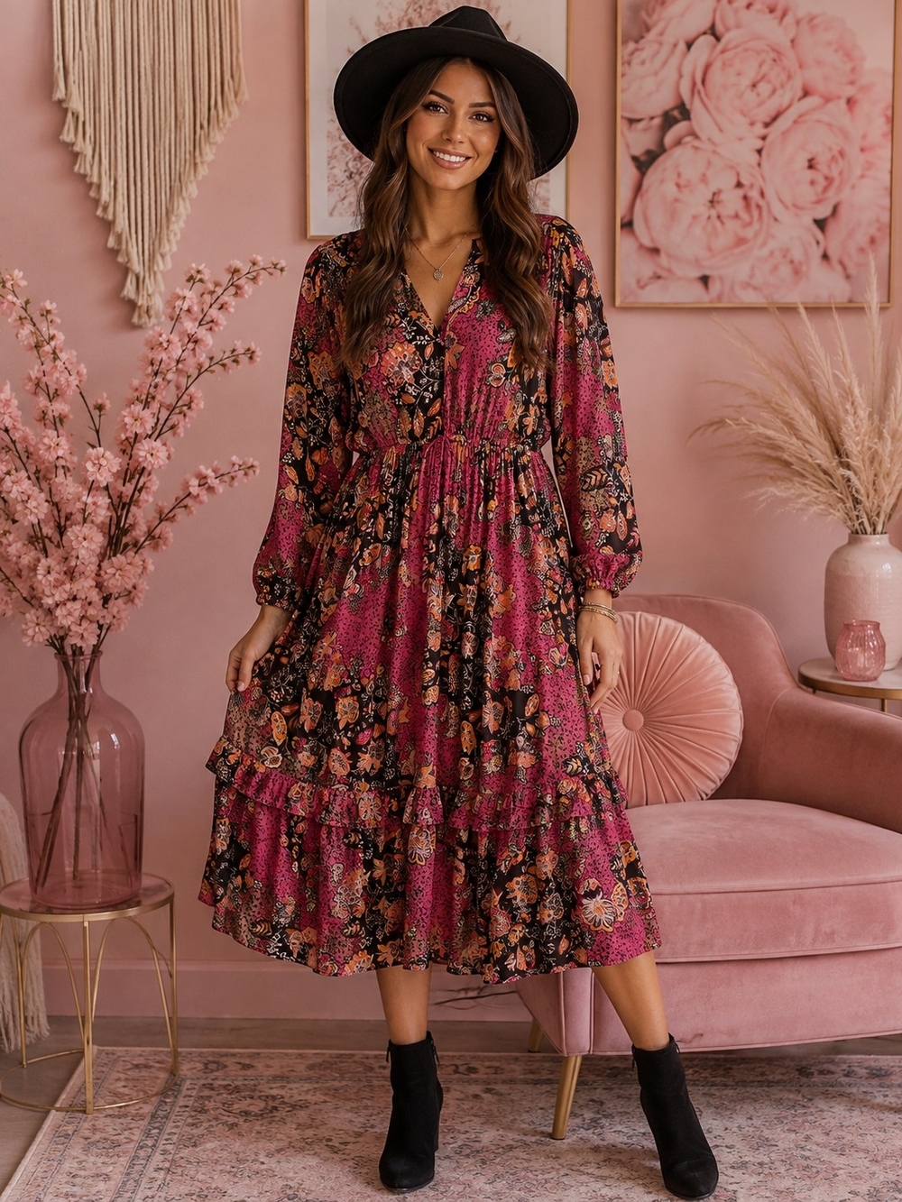 Lane Bryant Floral V-Neck Tiered Maxi Dress - Magenta & Black